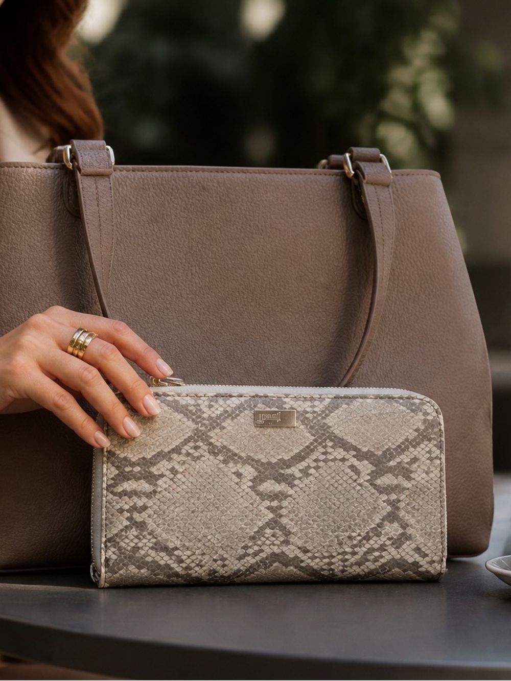 Taupe Tote with Snake-Print Zip Wallet by
